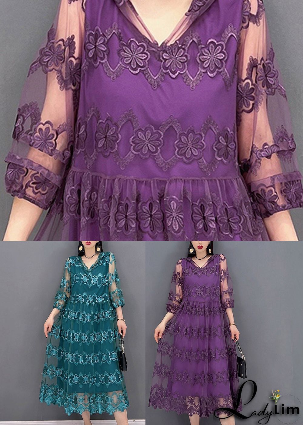 Modern Purple V Neck Embroideried Floral Lace Patchwork Hooded Dress Long Sleeve
