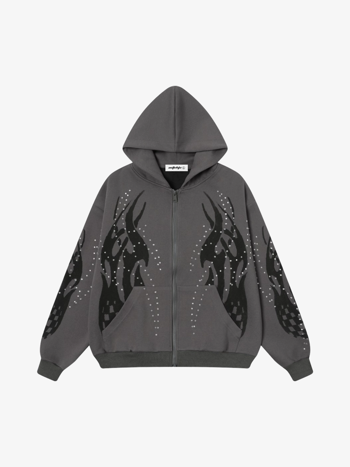 Grey Actchic Flame Rhinestone Zip-Up Hoodie Front