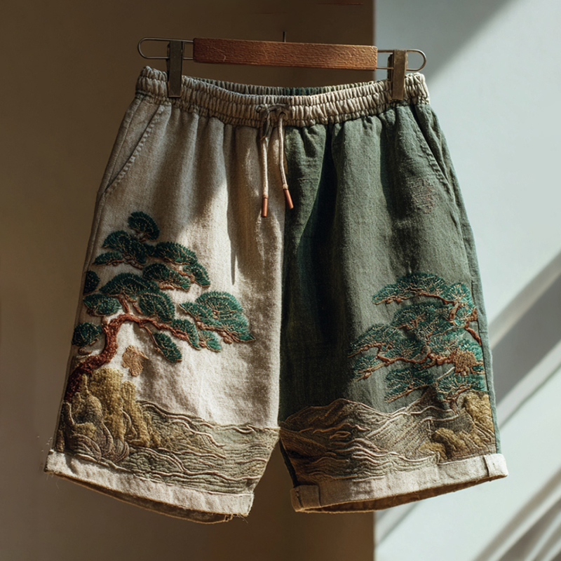 Japanese Pine Tree & Sea Waves Embroidered Art Linen Blend Casual Shorts  artssus