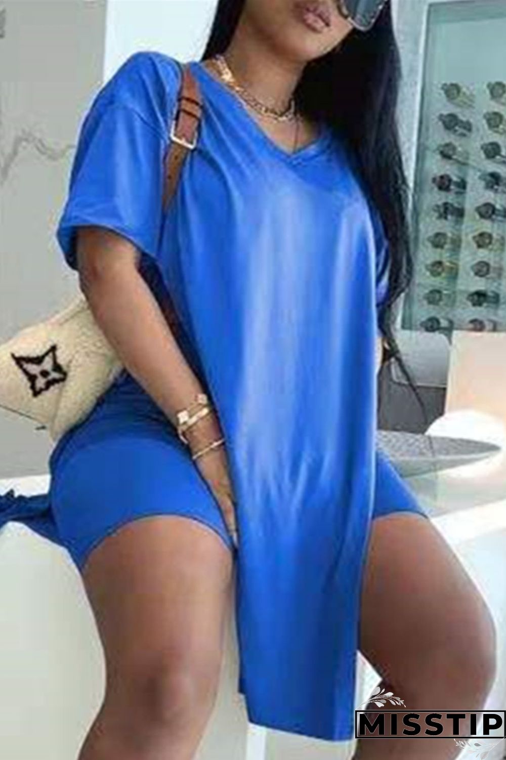 Khaki Fashion Casual Solid Slit V Neck Short Sleeve Two Pieces