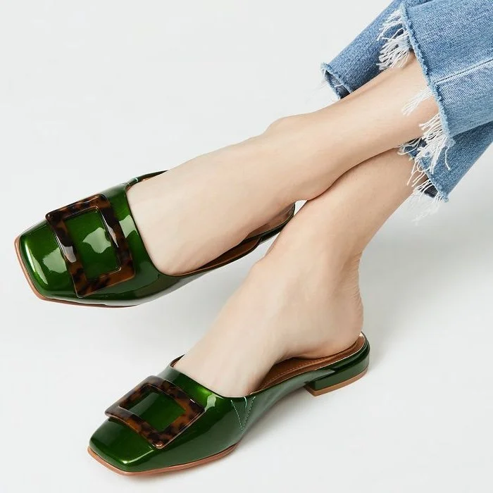 Dark Green Patent Leather Flat Loafer Mules Vdcoo