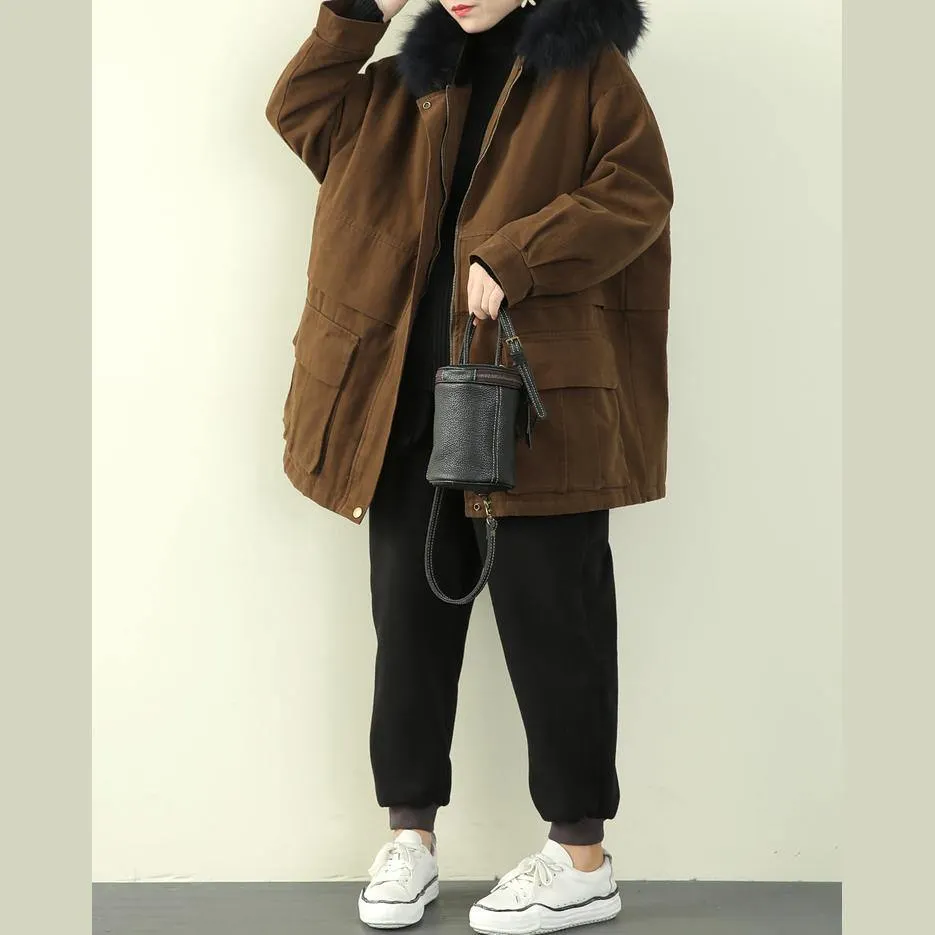 Elegant chocolate winter coats plus size clothing hooded faux fur collar outwear