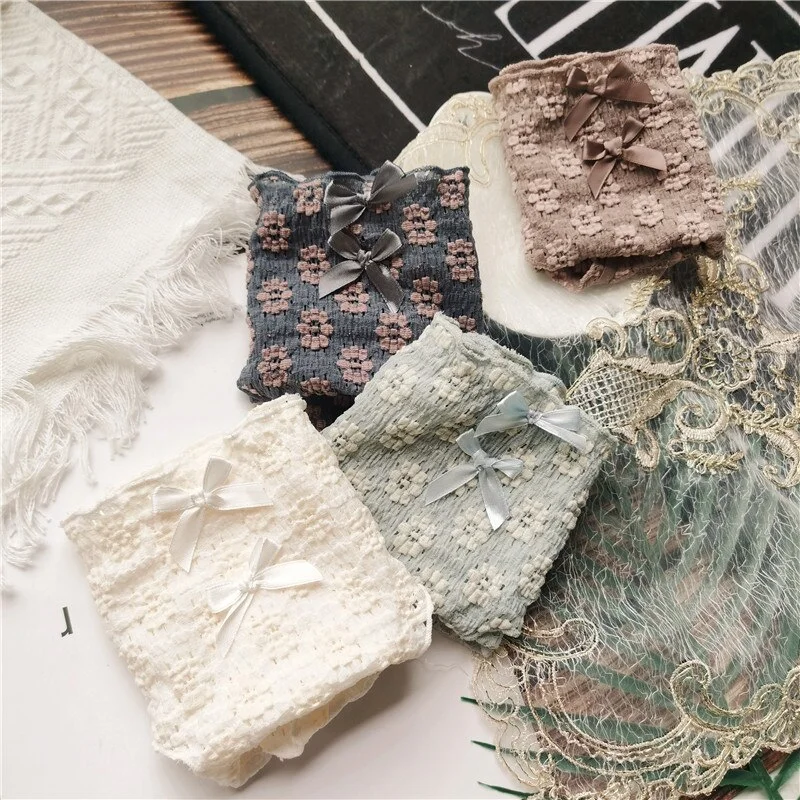 Billionm Flower Buds Literary Retro Cute Flowers Low-waist Bow-knot Women's Underwear Breathable Solid Color Fashion Students New