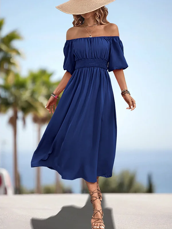 Split-Joint Solid Color Pleated Elasticity Bishop Sleeve A-Line Square-Neck Midi Dresses