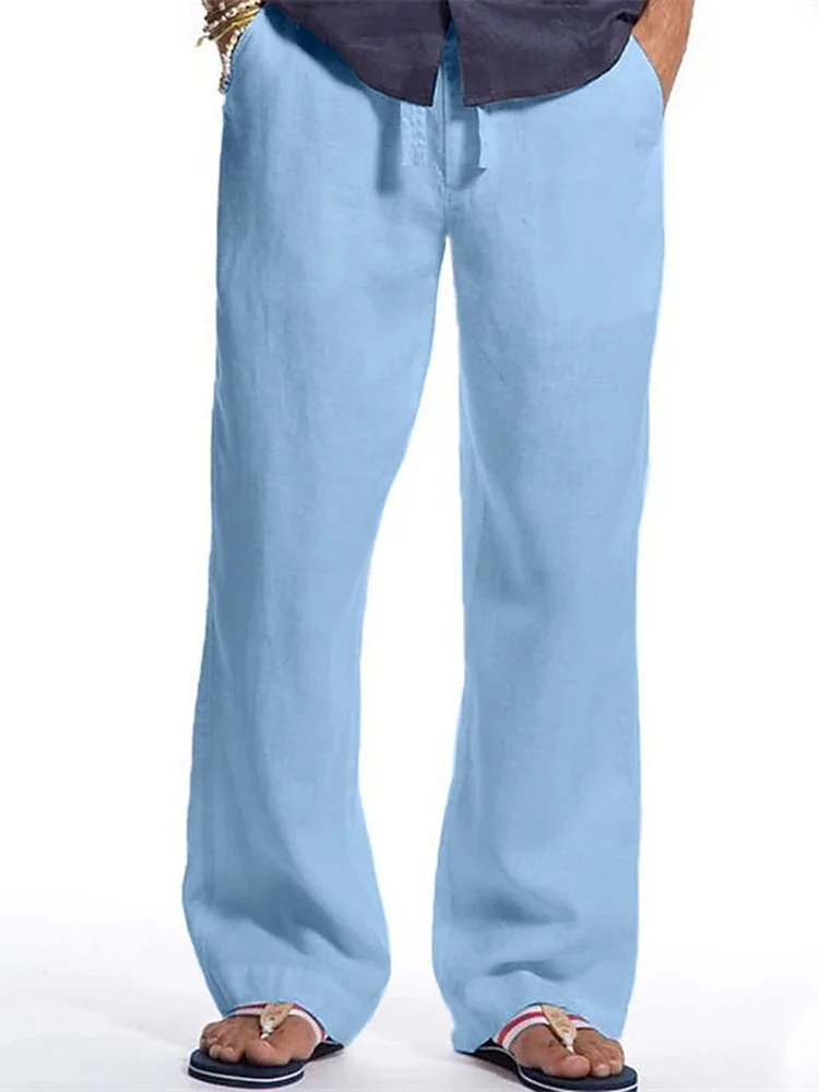 Men's cotton and linen solid color loose casual drawstring straight trousers