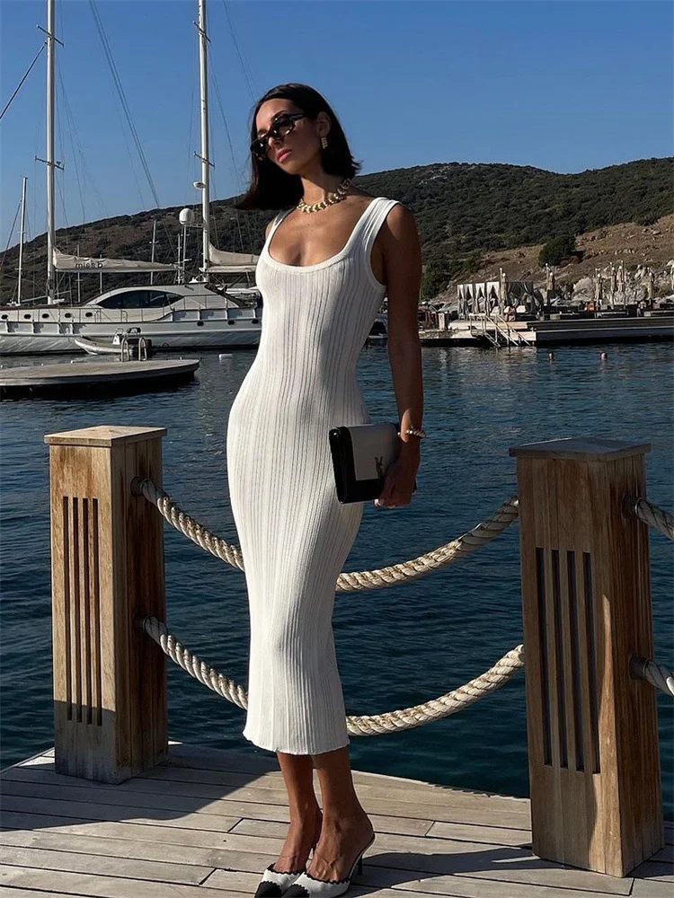 Uveng Uveng Tight Square Collar Dress Sleeveless Solid Color 2024 Summer Sexy Long Knit Dress