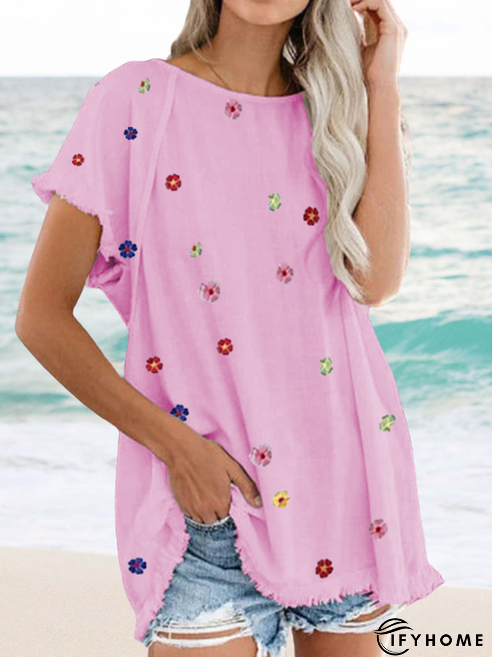 Crew Neck Floral Cotton-Blend Fit T-Shirts | IFYHOME