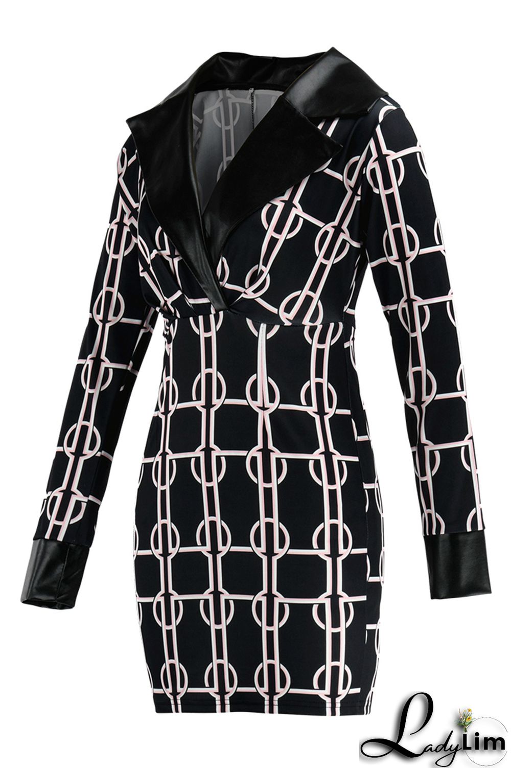 Black White Fashion Casual Print Split Joint V Neck Long Sleeve Dresses