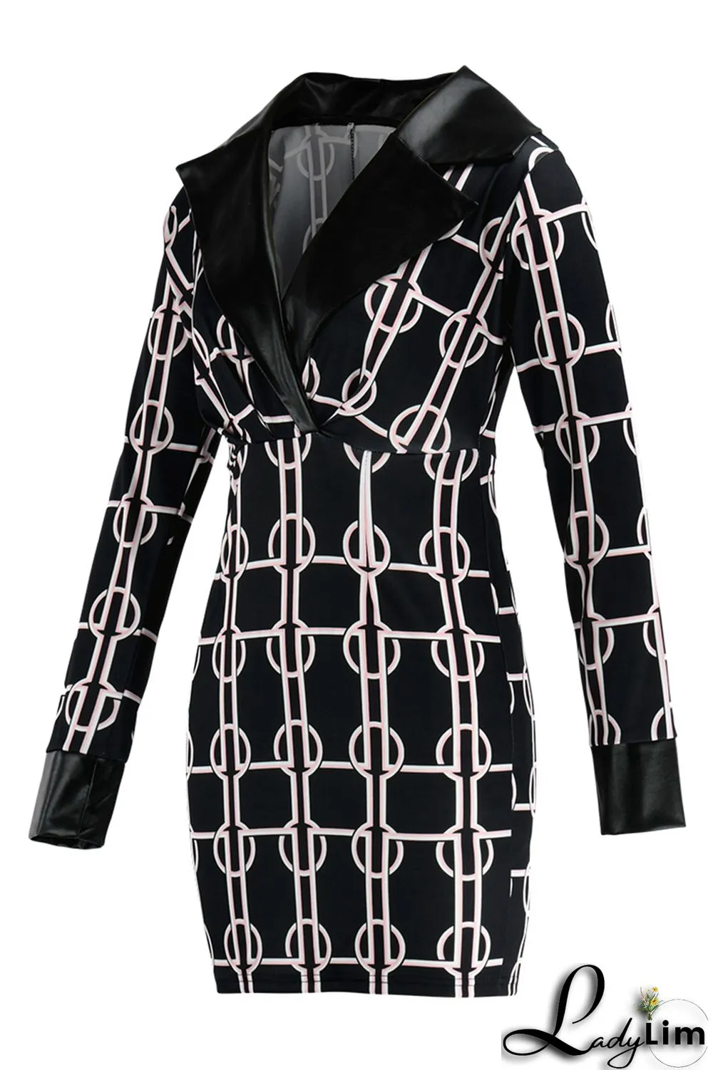 Black White Fashion Casual Print Split Joint V Neck Long Sleeve Dresses