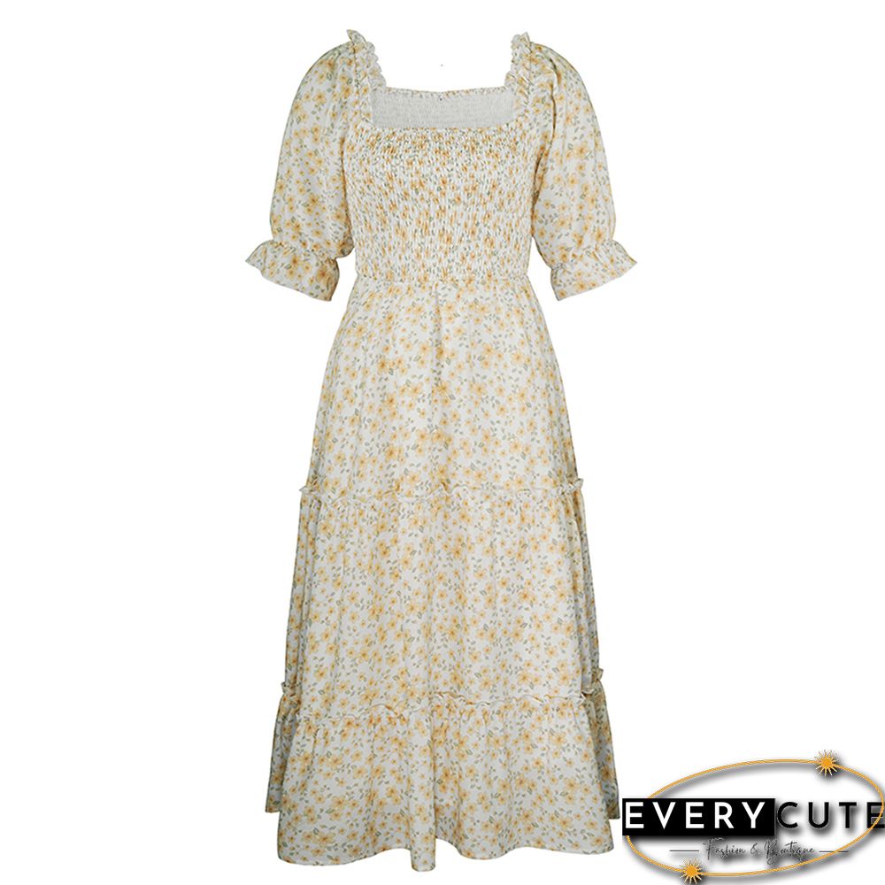 Yellow Square Neck Swing Floral Dress