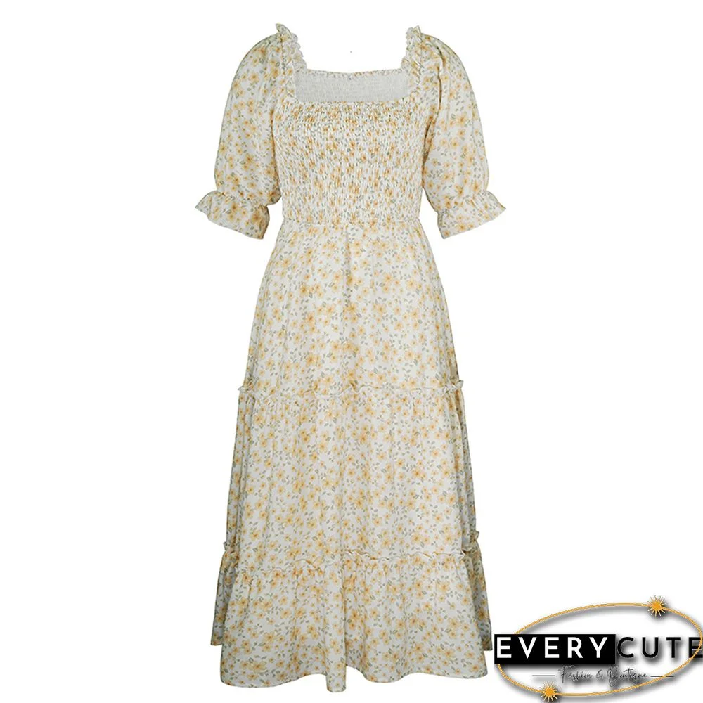 Yellow Square Neck Swing Floral Dress