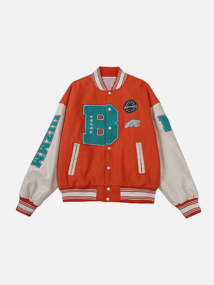 Flocked "B" PU Stitching Varsity Jacket