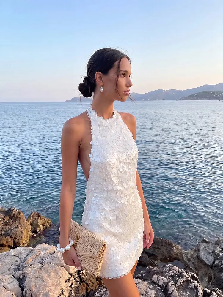 Lulustina Sparkle White Halter Backless Sequins Sheath Mini Homecoming Dress