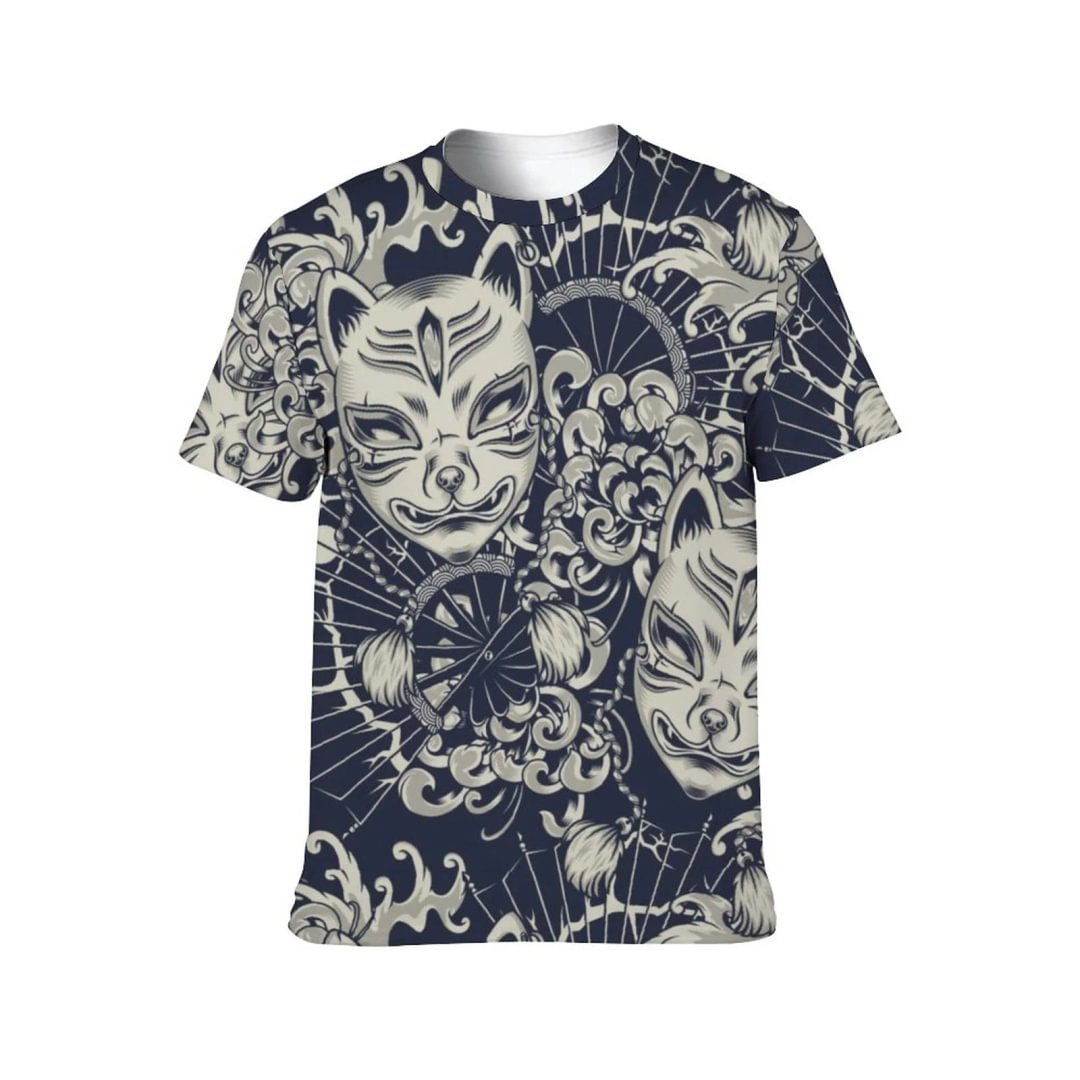 Japanese Cartoon Face Kitsune Unisex Short-sleeve Shirt Printed Men's All Over Print T-Shirts Vibrant Tees - Neewho