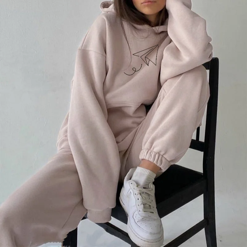 Women's Tracksuit Print Fleece Sportwear Suit Long Sleeve Oversize Female Hoodie Suits 2021 Sprig Casual Tracksuits Pants Set