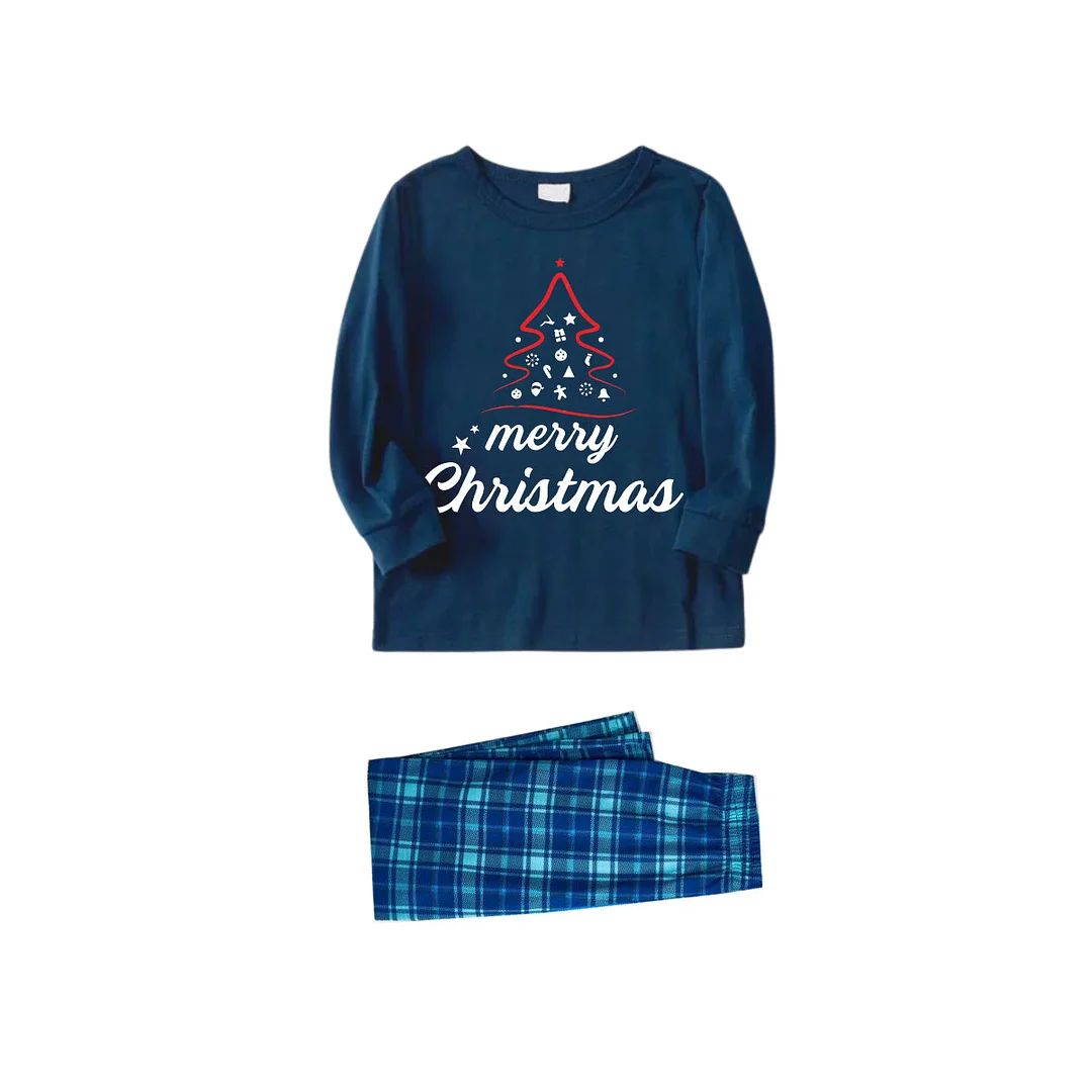 Red Christmas Tree Stick Figure - Blue Long Sleeve Top With Blue Plaid Family Matching Pajamas