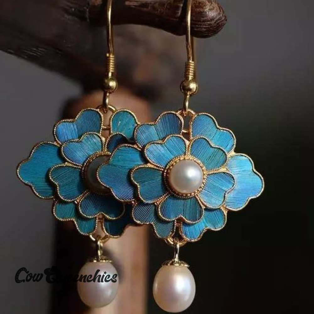 Vintage Blue Lotus Pearl Dangling Earrings