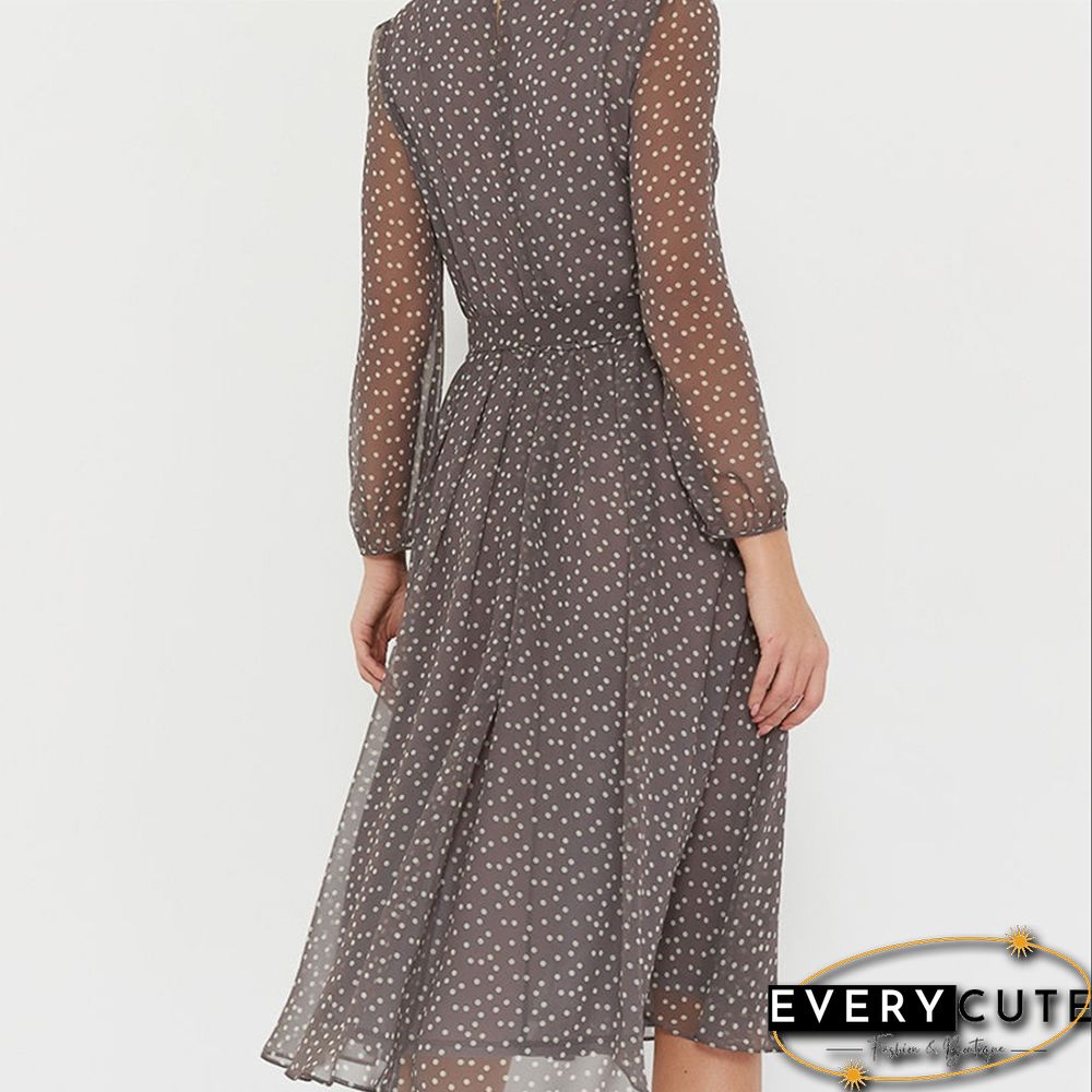 New Fashion Casual Polka Dot Print Chiffon Dress Womens High Waist lantern sleeve a-line