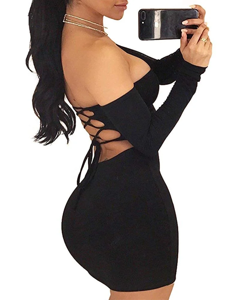 Autumn winter long sleeve dress Women's Sexy Off Shoulder Backless Lace Up Club Bodycon Mini Dress