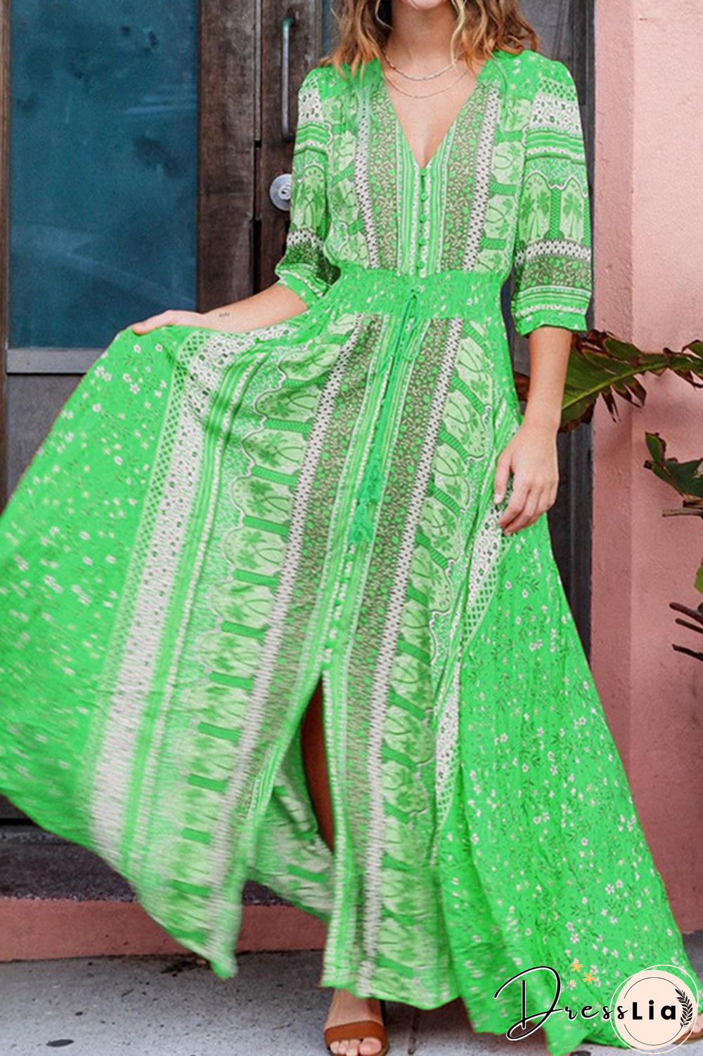 Fashion Print Split Joint V Neck Cake Skirt Dresses(3 Colors)