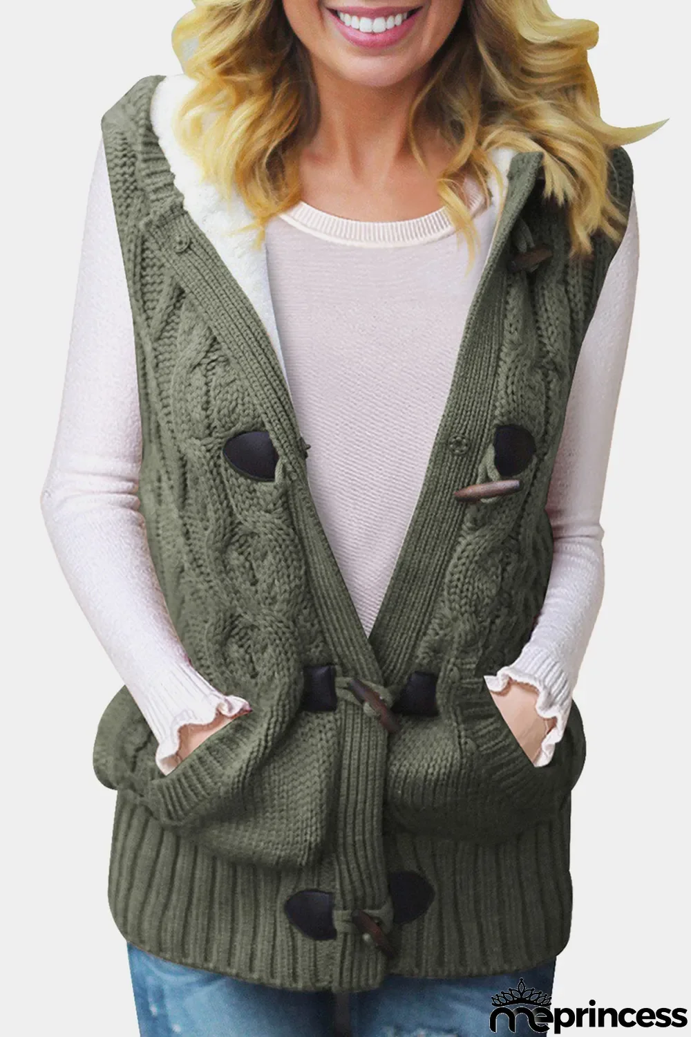 Green Cable Knit Hooded Sweater Vest
