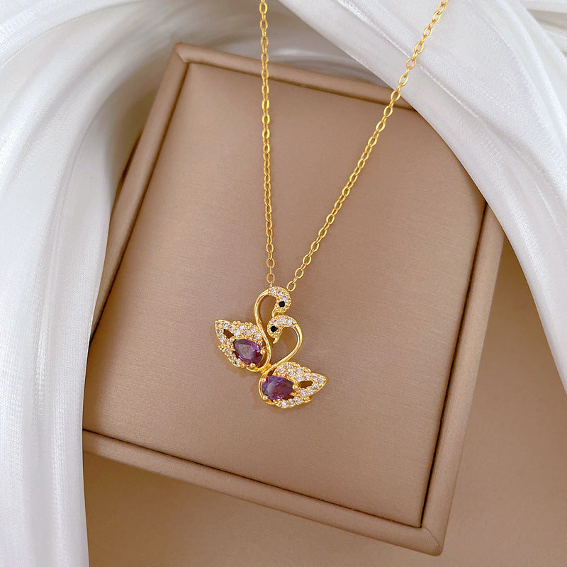 Swan And Mandarin Duck Playing In Water Full Of Diamonds Gorgeous Full Of Diamonds Necklace Women’S All-Match Clavicle Chain Titanium Steel