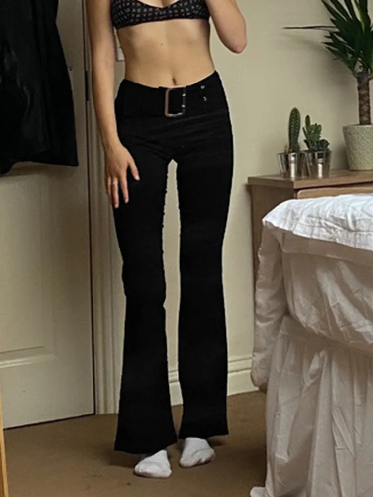 Rapcopter Black Sashes Flare Pants Slim Low Waisted Retro Trousers Grunge Casual Fashion Joggers Women Basic Korean Pants Cloth