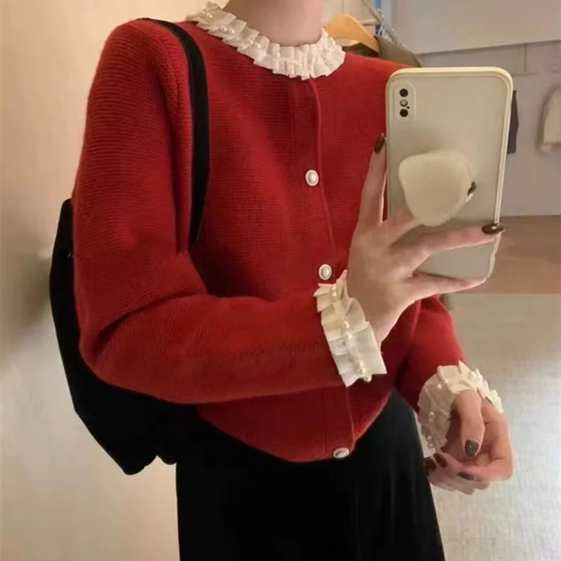 Toloer Toloer Winter New Korean Version Fashion Design Sense Temperament French Wood Ear Court Wind Knit Sweater Cardigan-Outfit Ideas