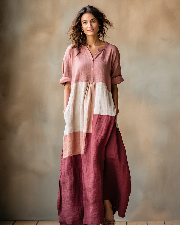 Women's cotton and linen color block loose dress 10