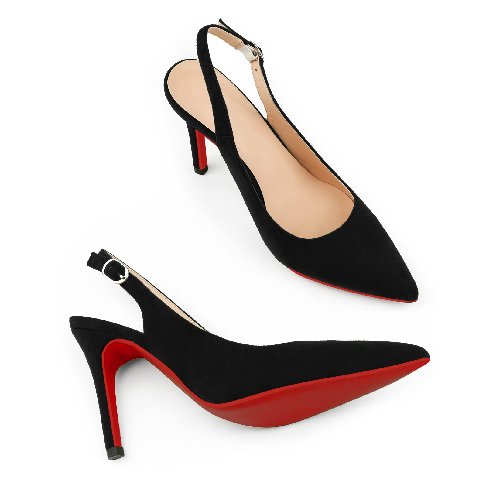 90mm Mid Heels for Women Slingback Pumps Sandals Pointed Toe Pumps Red Bottoms Suede Shoes-MERUMOTE