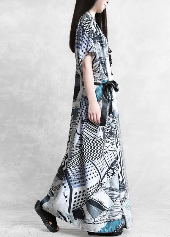 Plus Size Gray Print Silk Robe Dresses Tunic