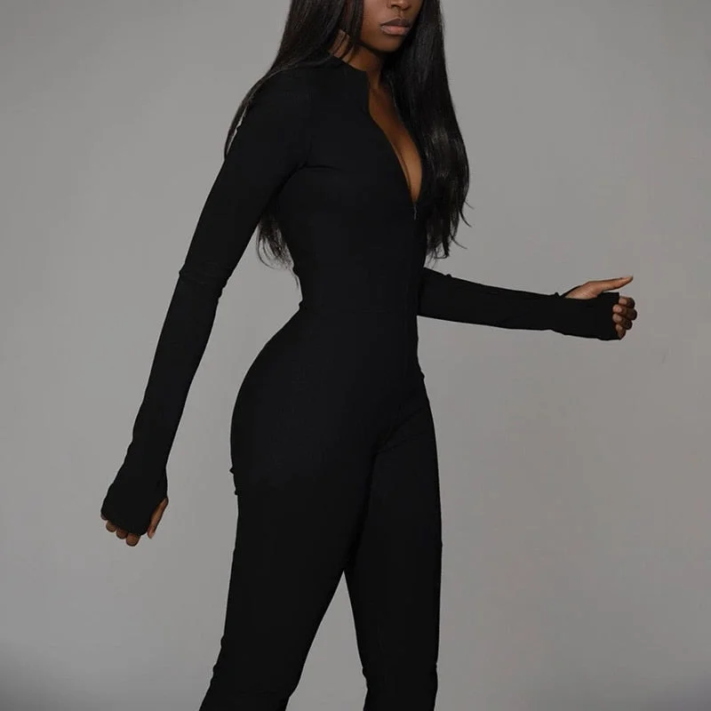 Casual Fitness Sporty Rompers Womens Jumpsuits Workout Zipper Activewear Long Sleeve Skinny Solid Jumpsuits Autumn 2019