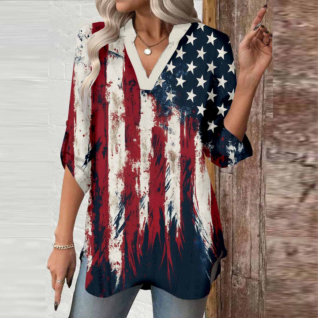 Women  Independence Day, Star, Striped, Blue, Red DZGA0241 3/4 Sleeve V-neck Printed Graphic Button Tops