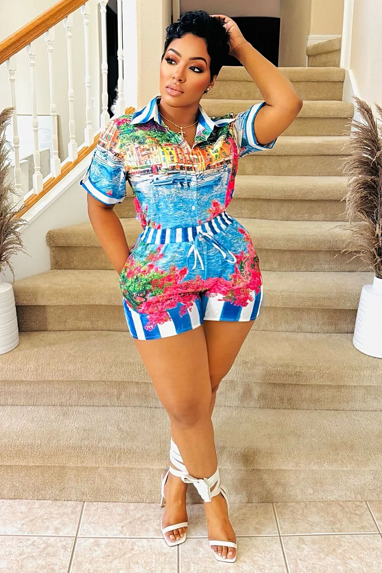Floral Mixed Print Short Sleeve Blouse Shorts Matching Set-White