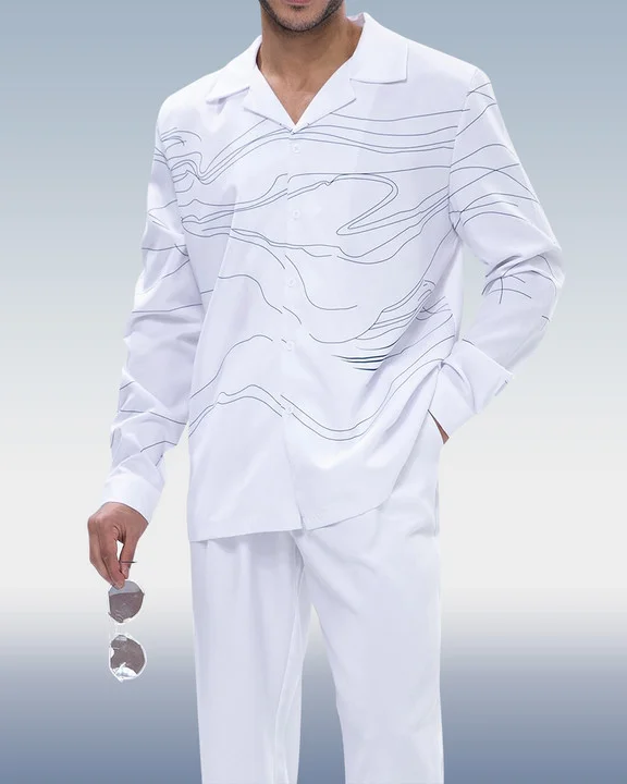 Suitmens White Art Two-Piece Long Sleeve Print Walking Pants