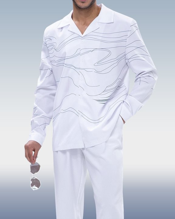 Suitmens White Art Two-Piece Long Sleeve Print Walking Pants