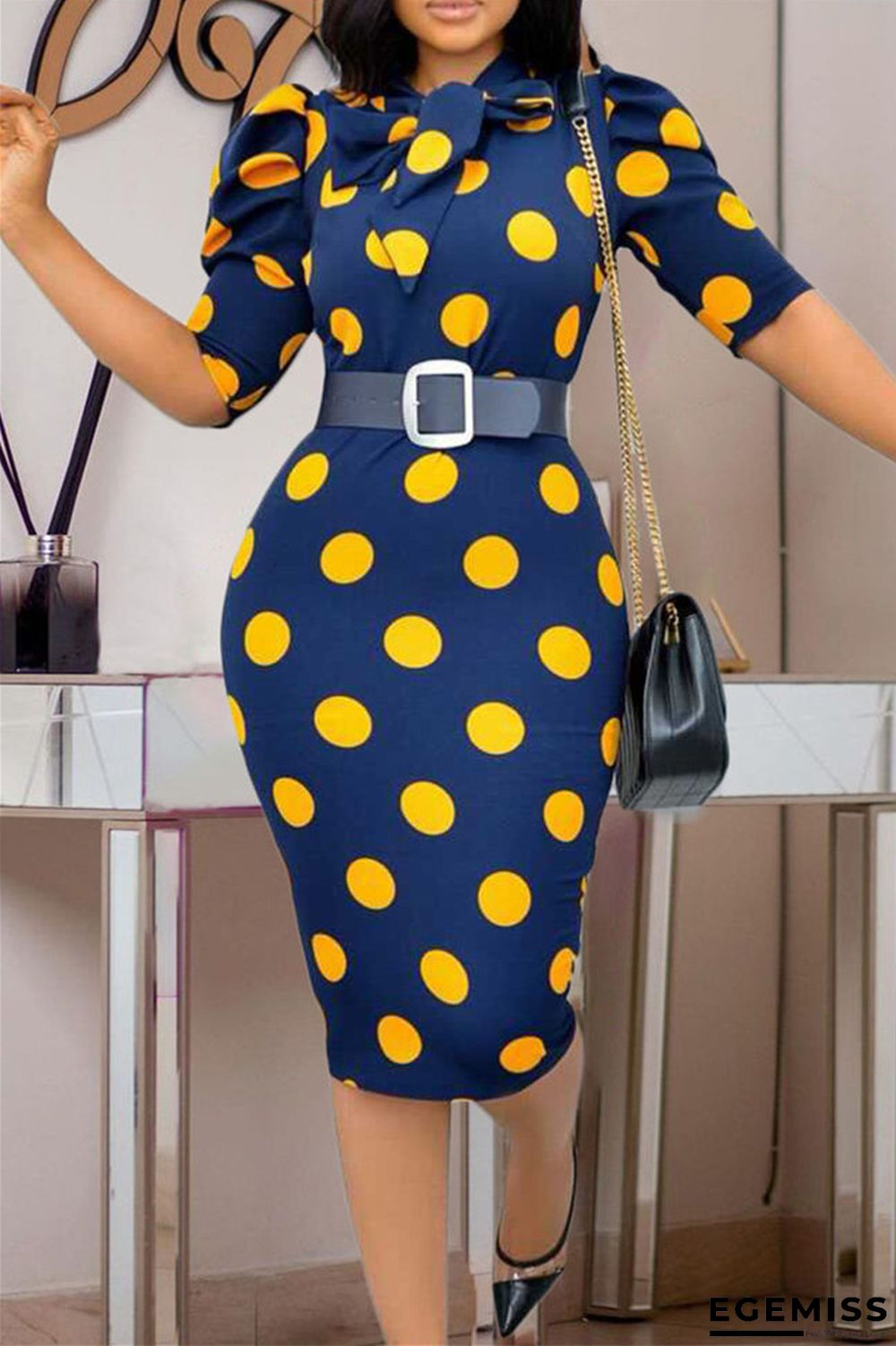 Yellow Fashion Casual Dot Print With Belt O Neck Pencil Skirt Dresses | EGEMISS