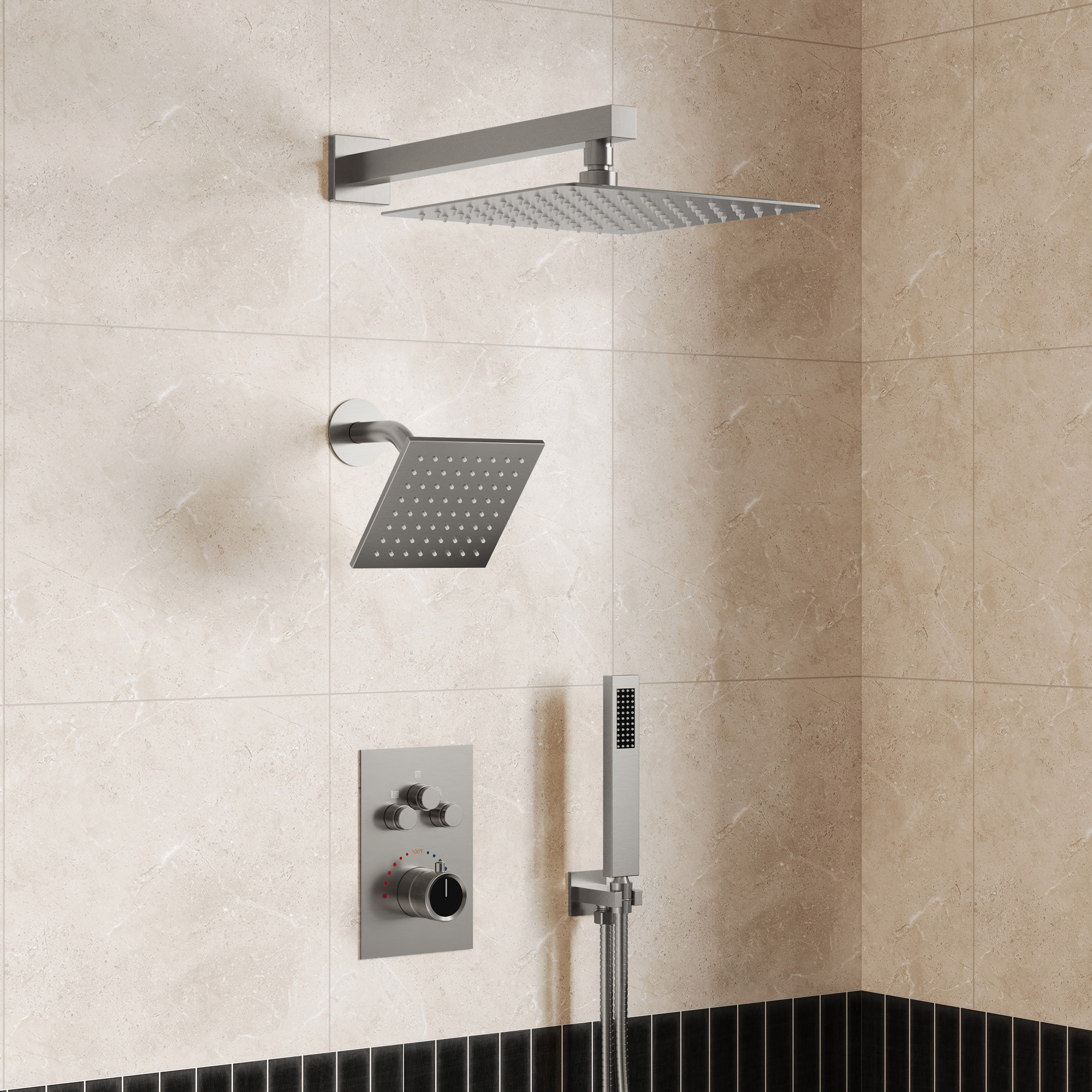 Multiple Press 12 in. Triple Handle 7-Spray Shower Faucet 2.5 GPM with Anti Scald in Brushed Nickel Valve Included