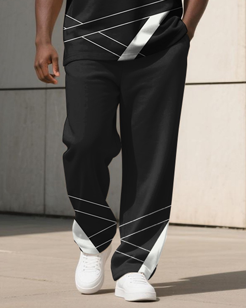 Men's Plus Size Black Color-block Geometric Stripe Alphabet Print T-shirt Trousers Suit
