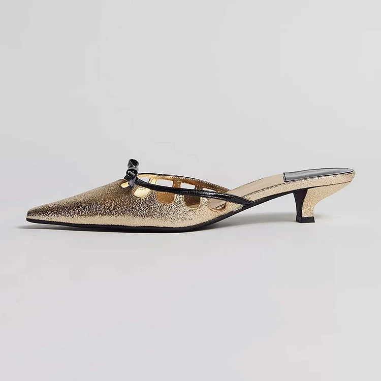 Gold & Black Cutout Pointy Toe Bow Kitten Heel Mules for Women |FSJ Shoes
