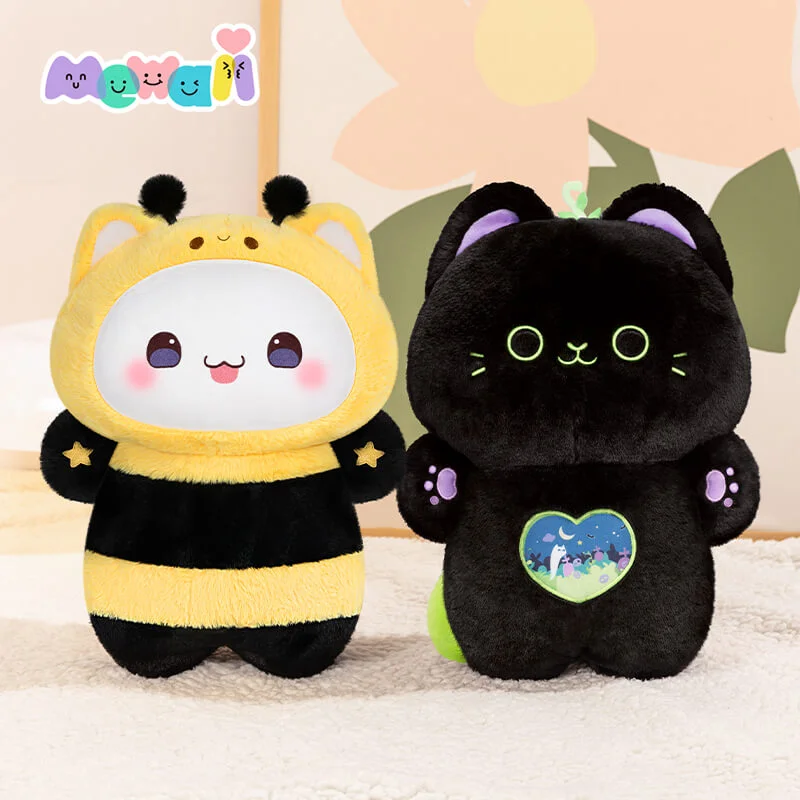 2-Pack Mewaii® Huuuug Family Squishy Kitten with Bee Hoodie & Devil Mint Kitten Plush Kawaii Pillow Plush Toy