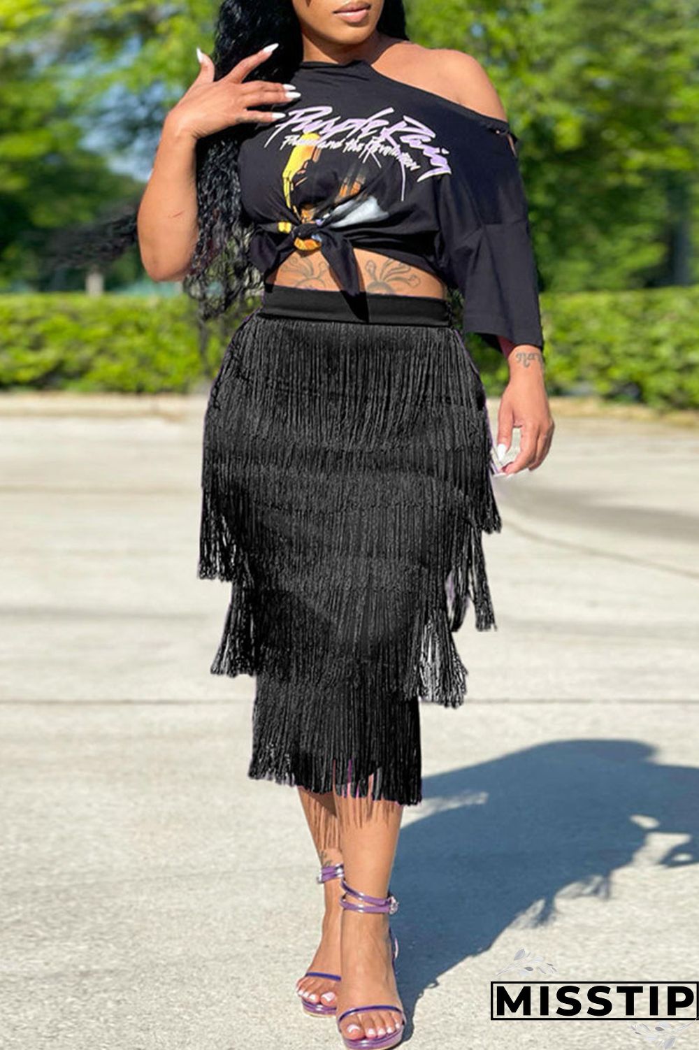 Black Casual Print Tassel Patchwork O Neck Short Sleeve Two Pieces