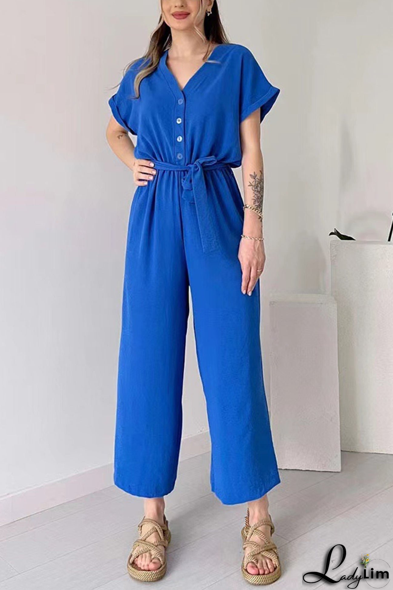 Short Sleeve Single-breasted Waisted Jumpsuits