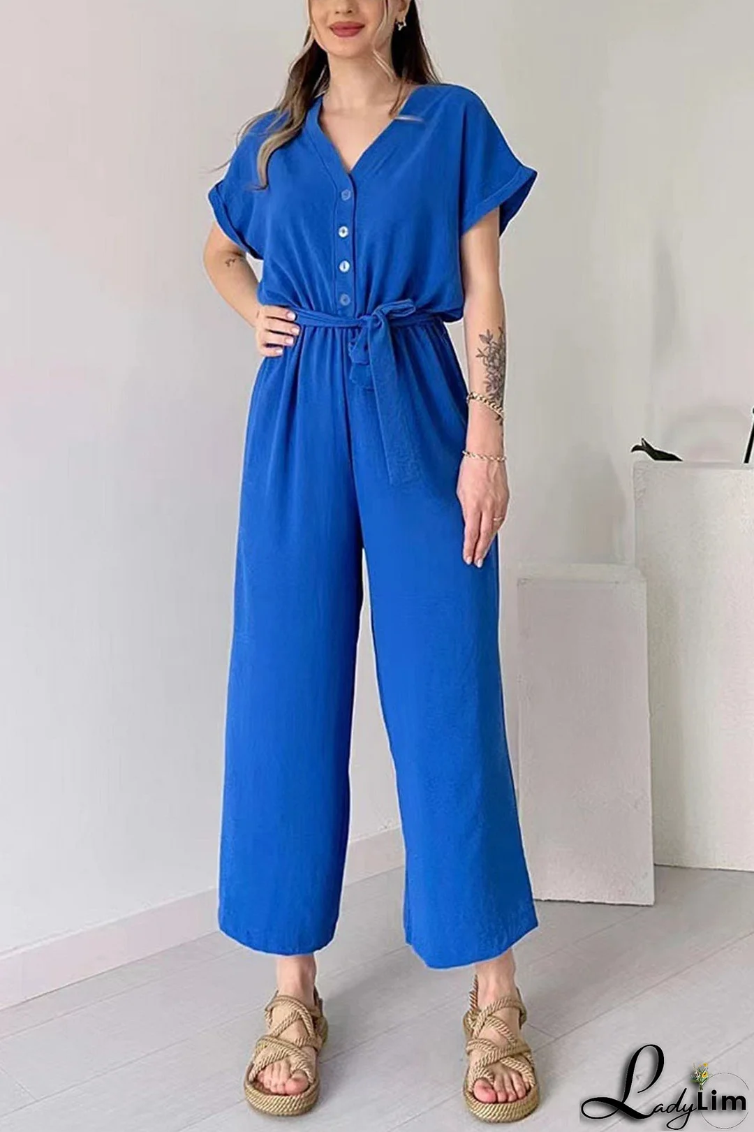 Short Sleeve Single-breasted Waisted Jumpsuits