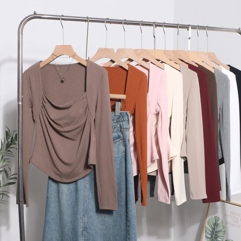 Brownm French Style Long-Sleeved T-Shirt Girl Autumn And Winter Collar Folded Folded Body Inside The Bottom Shirt Top 1665