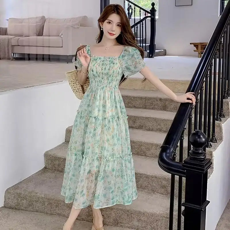 Aiertu Summer New Square Collar Pleated Long Dress French Style Butterfly Sleeve Elegant Sweet Print Dress Female Fashion Night Party Aiertu