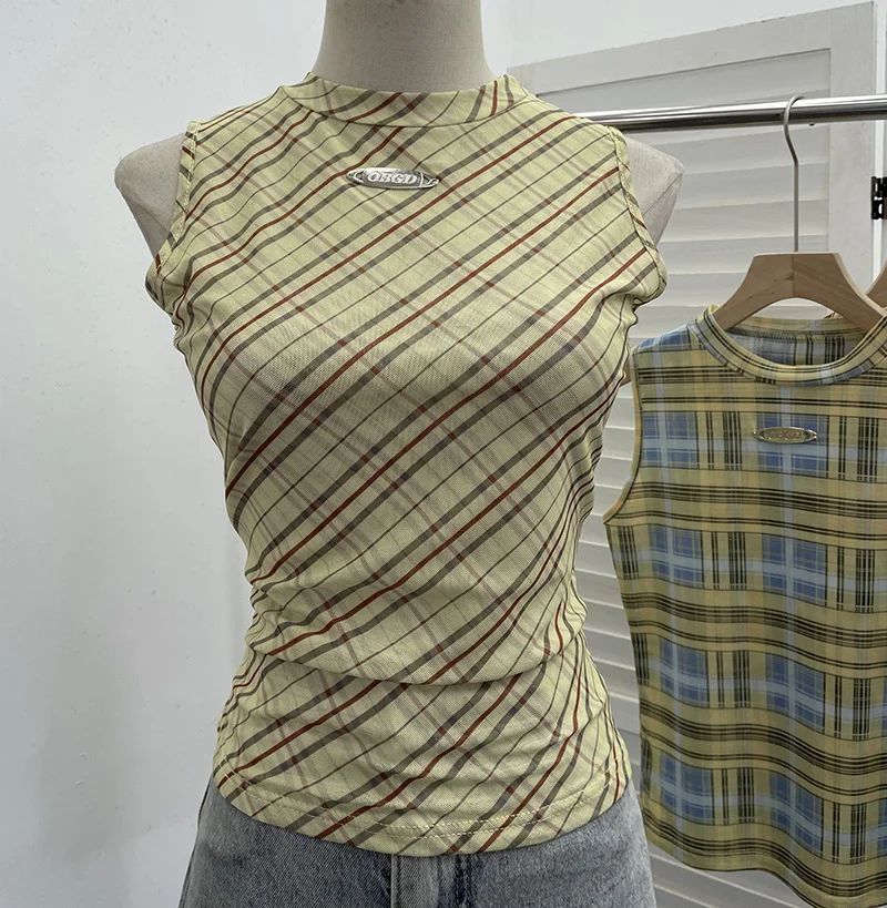 Nigikala Nigikala Mesh Vest Retro Design Slim Slimming Sleeveless T-Shirt Short Top 8036