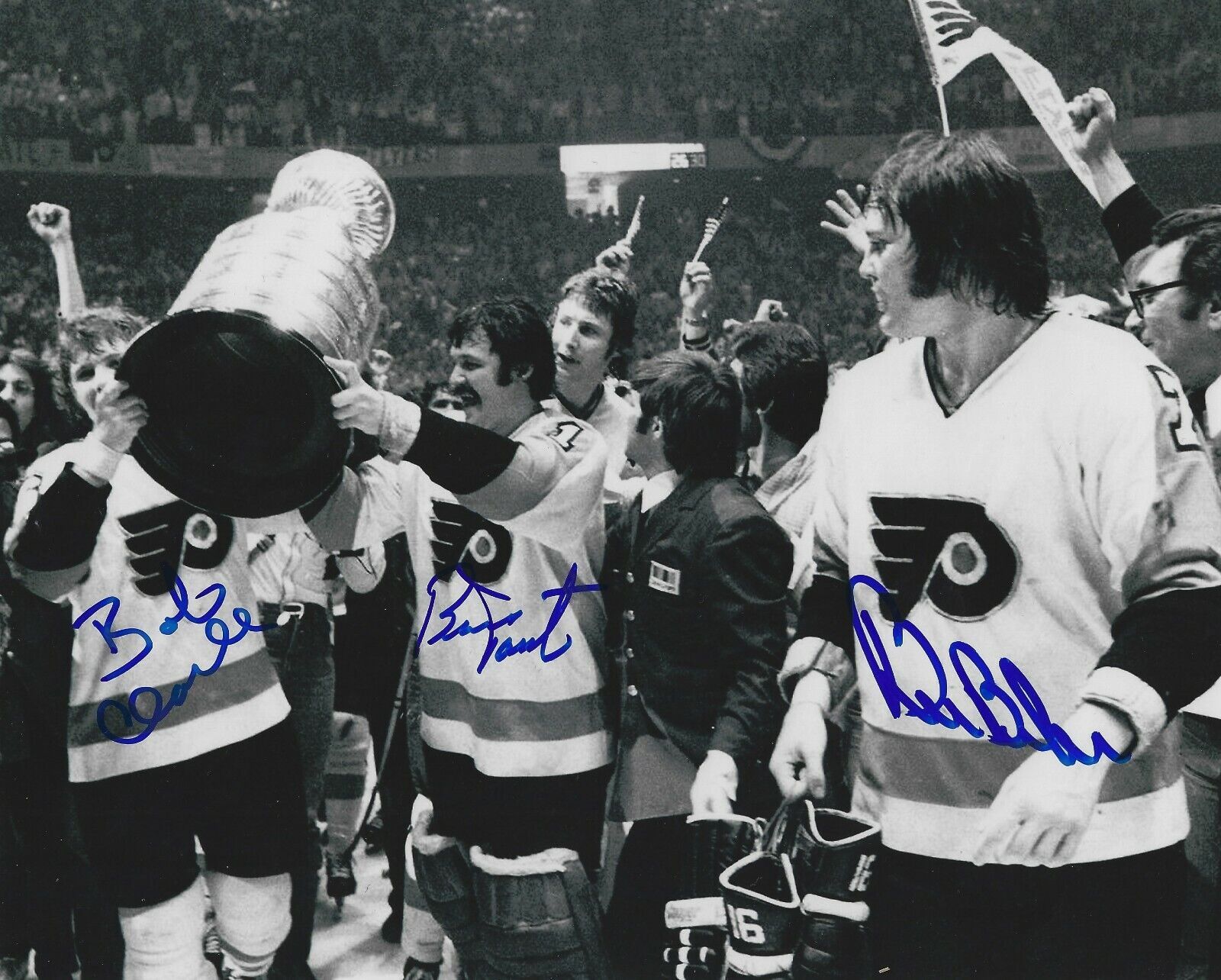 Autographed 8x10 BOBBY CLARKE, BERNIE PARENT & BILL BARBER Phila Flyers Photo Poster painting