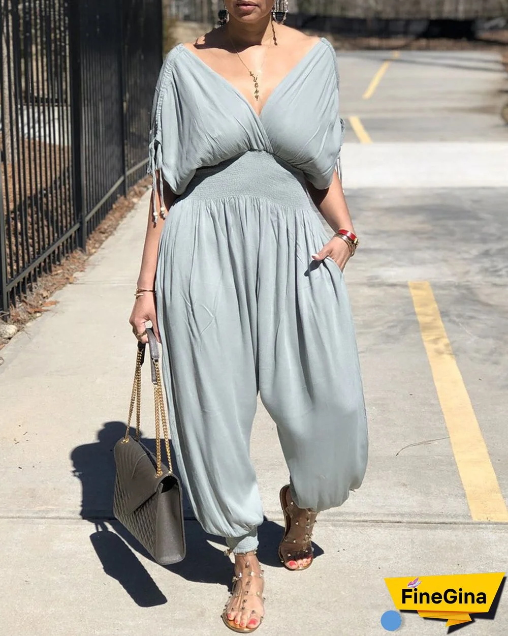 Drawstring Ruched Shirring Waist Jumpsuit