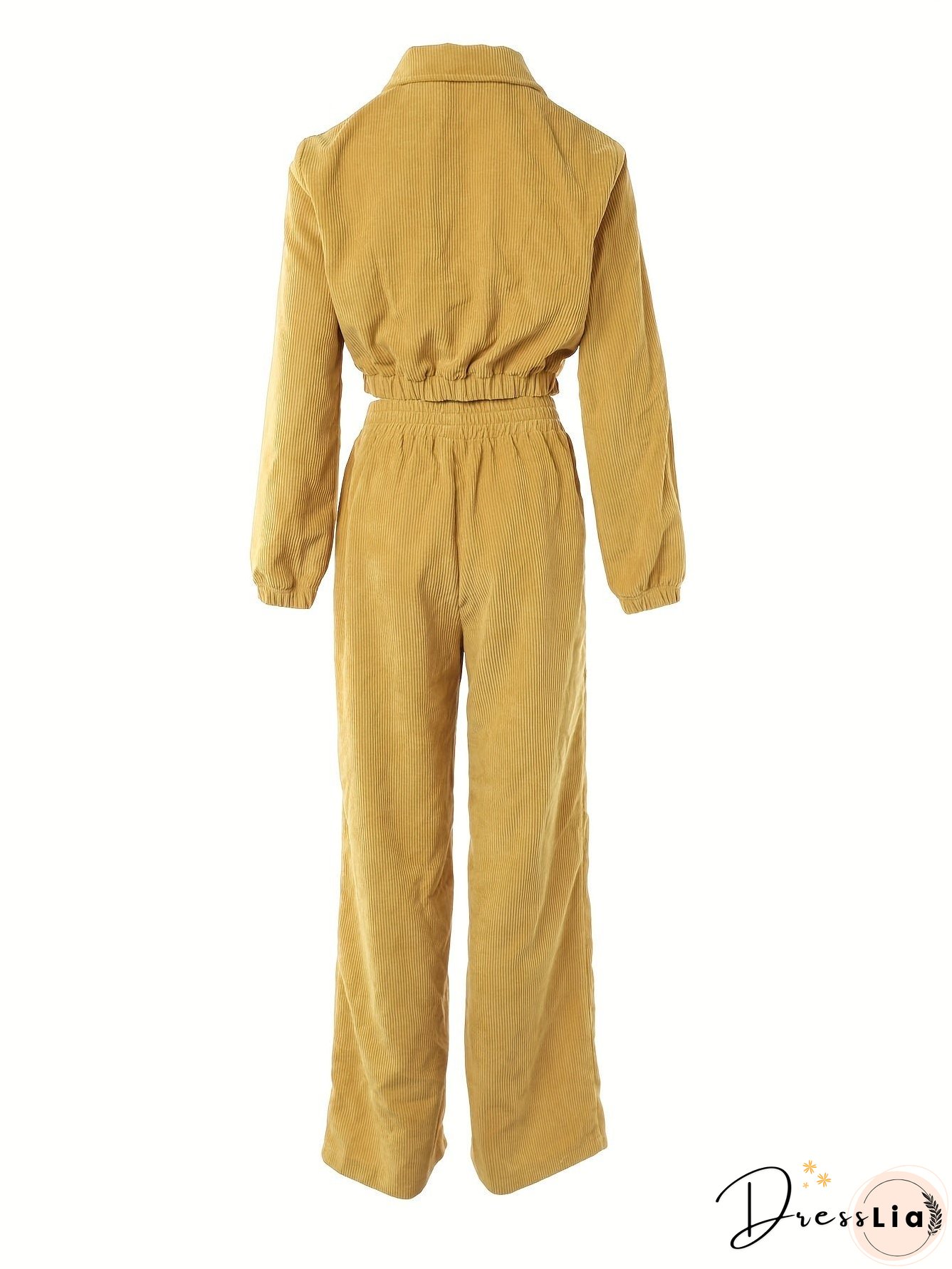 Casual Corduroy Two-piece Set, Zip Up Crop Top & Pants Outfits, Women's Clothing